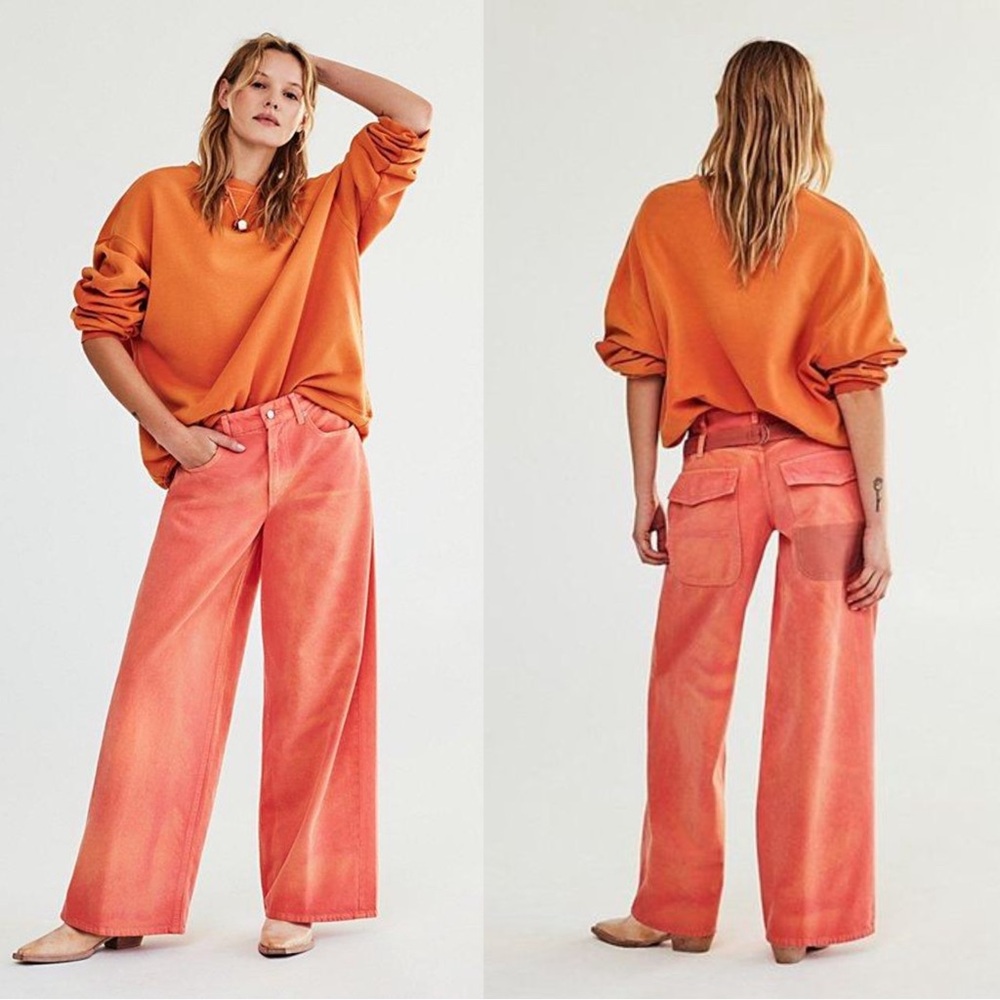 Free People Waterfalls Baggy Wide Leg Pants in Bright Orange